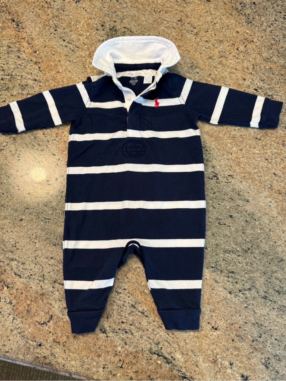 Polo by Ralph Lauren Navy & White Striped Infant One-Piece with Red Pony